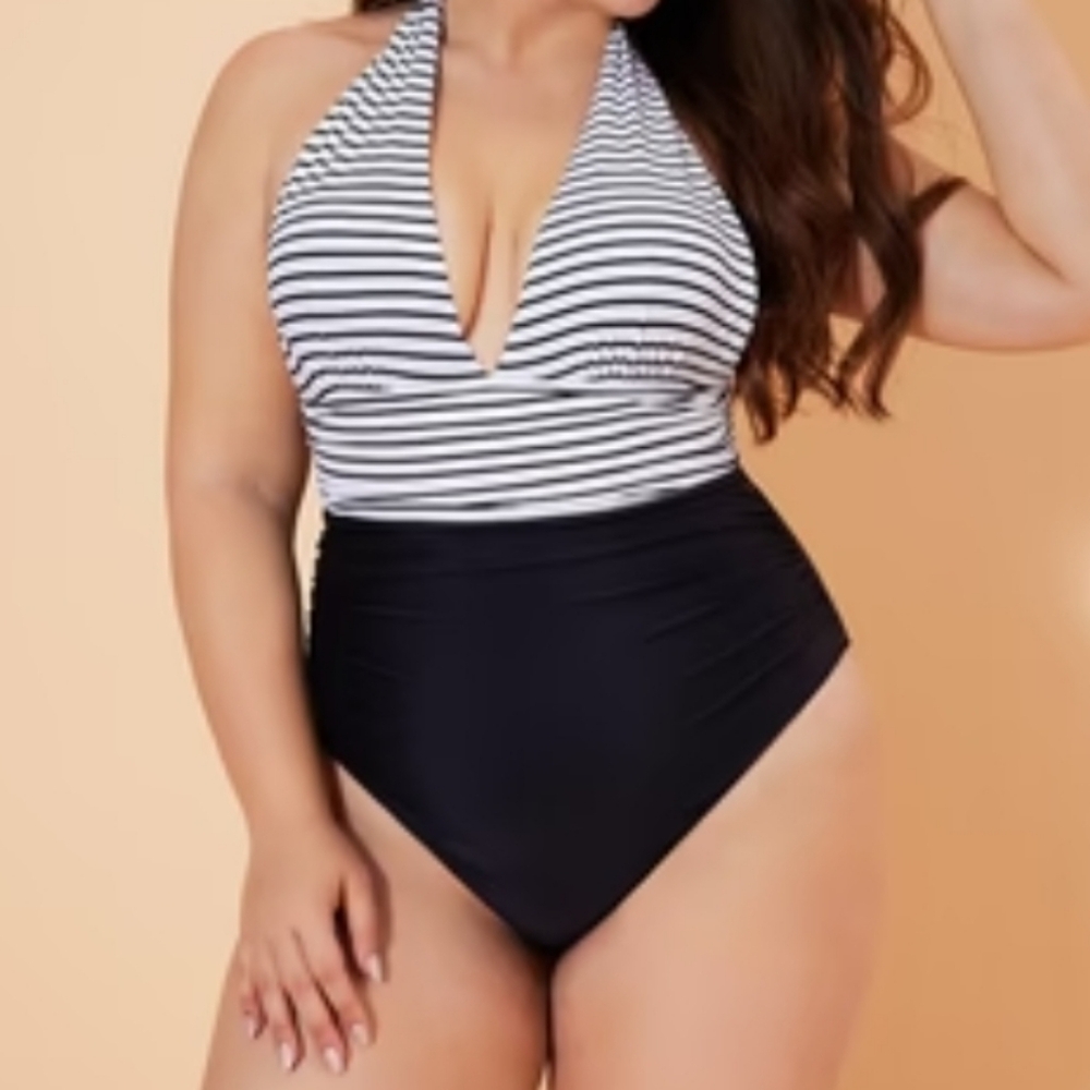 Striped Halter One-Piece Swimsuit - Black & White